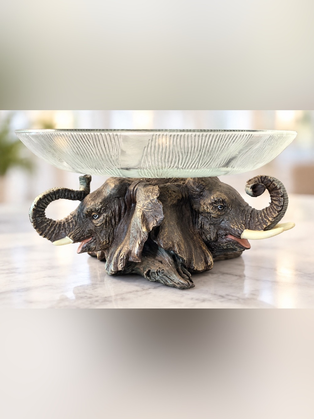Elephant Glass Bowl Pedestal Centerpiece Ribbed Clear Glass Home Decor